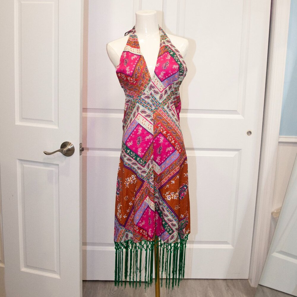 Cider Boho Patchwork Midi Dress with Fringe Hem